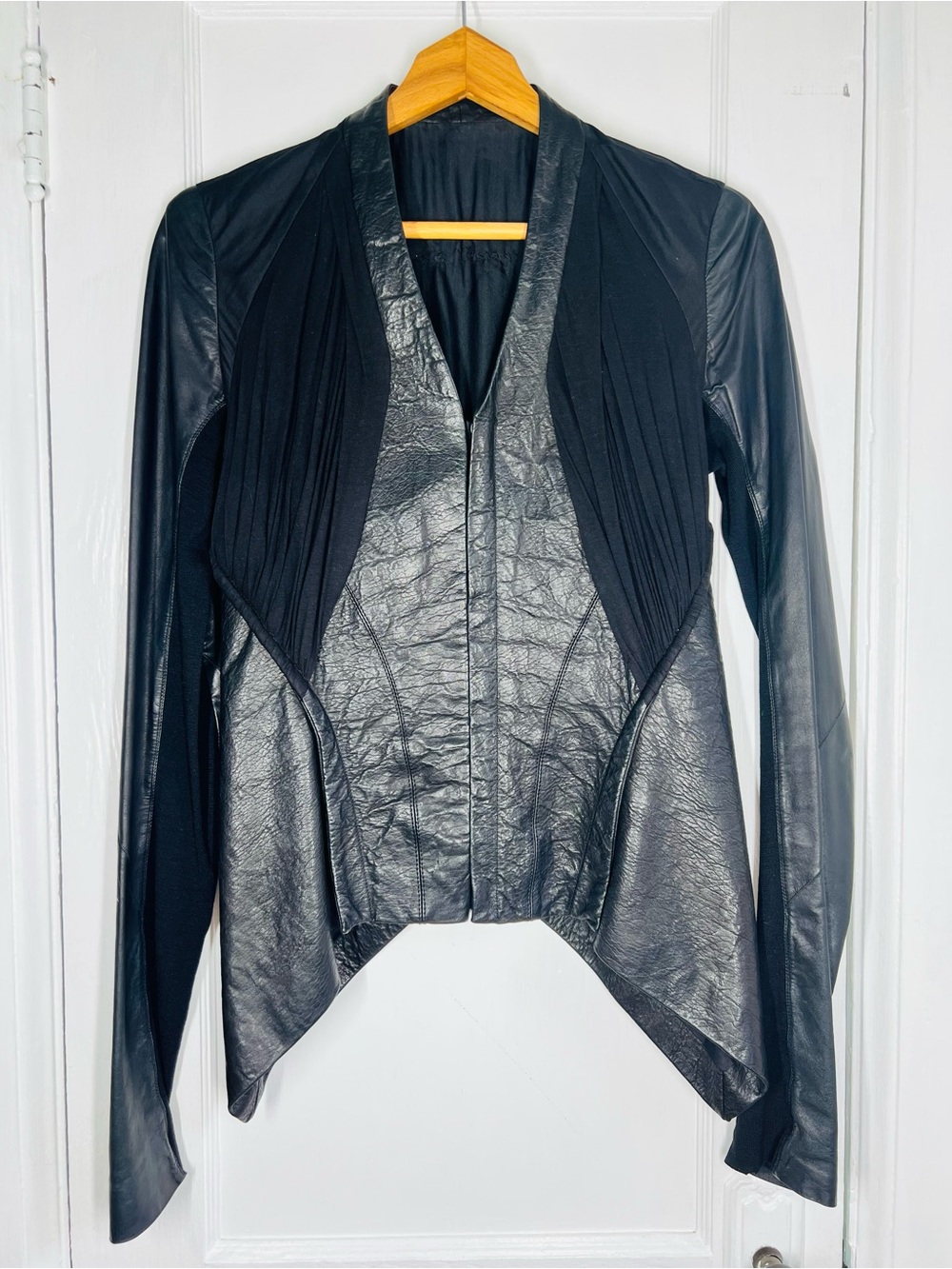 Archival Rick Owens Leather & Cloth Asymmetric Flare Mid- 2000s Full Zip Jacket